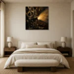 Golden Projector Beam Film Reel Wall Art Canvas Print showcased in an elegant minimalist interior