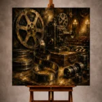 Golden Film Reel Wall Art print featuring an unfurling vintage reel, antique projector, camera lenses, and glowing theater lamps