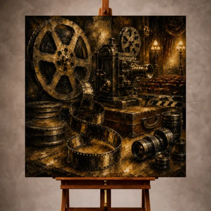 Golden Film Reel Wall Art print featuring an unfurling vintage reel, antique projector, camera lenses, and glowing theater lamps