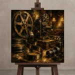 Golden Unfurling Cinema Film Reel Wall Art Canvas Print displayed on a studio easel