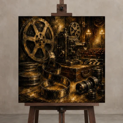 Golden Unfurling Cinema Film Reel Wall Art Canvas Print shown in Studio Easel