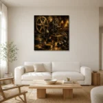 Golden Unfurling Cinema Film Reel Wall Art Canvas Print styled in a refined neutral interior