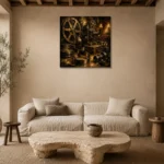 Golden Unfurling Cinema Film Reel Wall Art Canvas Print presented in a sophisticated home setting