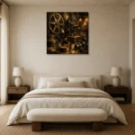 Golden Unfurling Cinema Film Reel Wall Art Canvas Print showcased in an elegant minimalist interior