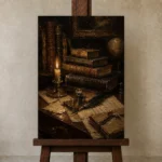 Candlelit Antique Book Wall Art Canvas Print displayed on a studio easel