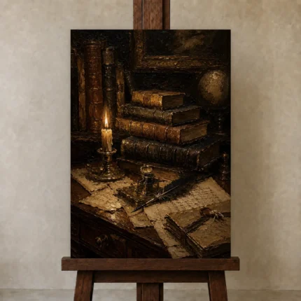 Candlelit Antique Book Wall Art Canvas Print shown in Studio Easel