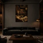Candlelit Antique Book Wall Art Canvas Print shown in a warm modern interior