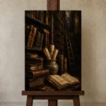 Old Library Antique Book Wall Art Canvas Print displayed on a studio easel