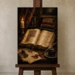 Illuminated Manuscript Antique Book Wall Art Canvas Print displayed on a studio easel