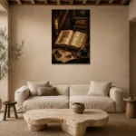 Illuminated Manuscript Antique Book Wall Art Canvas Print presented in a sophisticated home setting