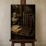 Classical Bust Antique Book Wall Art Canvas Print displayed on a studio easel