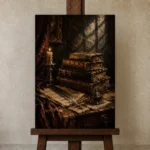 Scholar Desk Antique Book Wall Art Canvas Print displayed on a studio easel