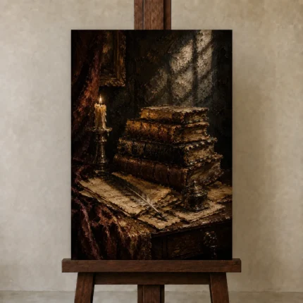 Scholar Desk Antique Book Wall Art Canvas Print shown in Studio Easel