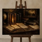 Candlelit Library Desk Antique Book Wall Art Canvas Print displayed on a studio easel