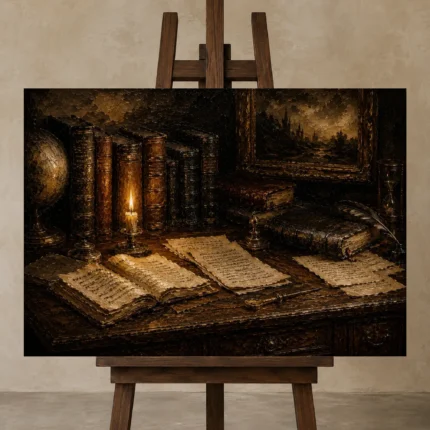 Candlelit Library Desk Antique Book Wall Art Canvas Print shown in Studio Easel