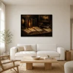 Candlelit Library Desk Antique Book Wall Art Canvas Print styled in a refined neutral interior