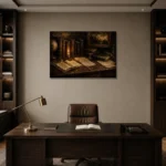 Candlelit Library Desk Antique Book Wall Art Canvas Print displayed in a contemporary gallery-inspired room