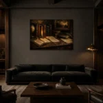 Candlelit Library Desk Antique Book Wall Art Canvas Print shown in a warm modern interior