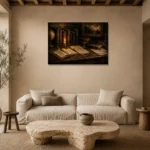 Candlelit Library Desk Antique Book Wall Art Canvas Print presented in a sophisticated home setting