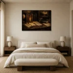 Candlelit Library Desk Antique Book Wall Art Canvas Print showcased in an elegant minimalist interior