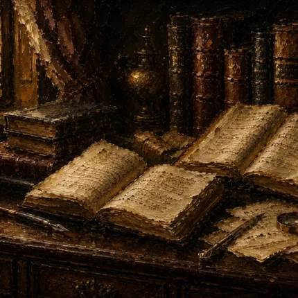 Sunlit Scholar Desk Antique Book Wall Art Canvas Print