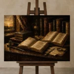 Sunlit Scholar Desk Antique Book Wall Art Canvas Print displayed on a studio easel