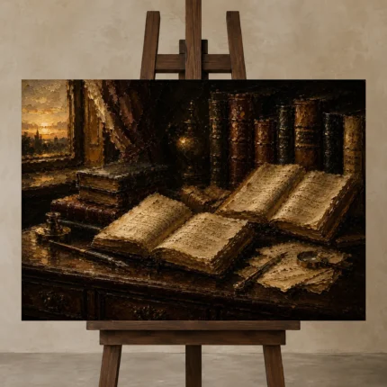 Sunlit Scholar Desk Antique Book Wall Art Canvas Print displayed on a studio easel