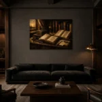 Sunlit Scholar Desk Antique Book Wall Art Canvas Print shown in a warm modern interior