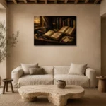 Sunlit Scholar Desk Antique Book Wall Art Canvas Print presented in a sophisticated home setting