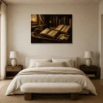 Sunlit Scholar Desk Antique Book Wall Art Canvas Print showcased in an elegant minimalist interior