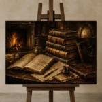 Fireplace Library Antique Book Wall Art Canvas Print displayed on a studio easel