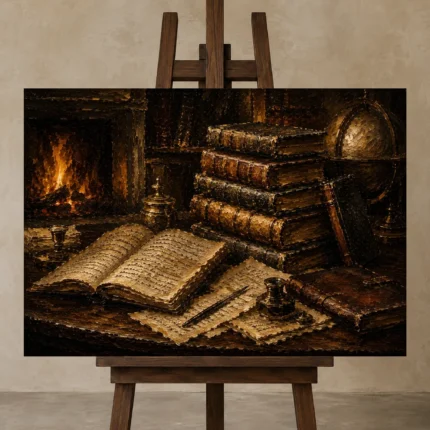 Fireplace Library Antique Book Wall Art Canvas Print shown in Studio Easel