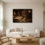 Fireplace Library Antique Book Wall Art Canvas Print styled in a refined neutral interior
