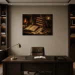 Fireplace Library Antique Book Wall Art Canvas Print displayed in a contemporary gallery-inspired room