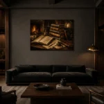 Fireplace Library Antique Book Wall Art Canvas Print shown in a warm modern interior