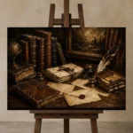 Wax Sealed Letters Antique Book Wall Art Canvas Print displayed on a studio easel