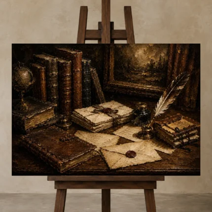 Wax Sealed Letters Antique Book Wall Art Canvas Print displayed on a studio easel