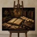 Cartography Desk Antique Book Wall Art Canvas Print displayed on a studio easel