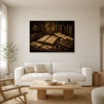 Cartography Desk Antique Book Wall Art Canvas Print styled in a refined neutral interior