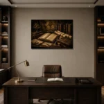 Cartography Desk Antique Book Wall Art Canvas Print displayed in a contemporary gallery-inspired room