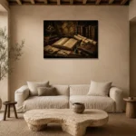 Cartography Desk Antique Book Wall Art Canvas Print presented in a sophisticated home setting