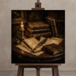 Candlelit Writing Desk Antique Book Wall Art Canvas Print displayed on a studio easel