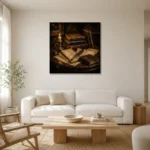 Candlelit Writing Desk Antique Book Wall Art Canvas Print styled in a refined neutral interior