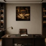 Candlelit Writing Desk Antique Book Wall Art Canvas Print displayed in a contemporary gallery-inspired room
