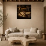 Candlelit Writing Desk Antique Book Wall Art Canvas Print presented in a sophisticated home setting