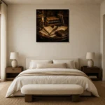 Candlelit Writing Desk Antique Book Wall Art Canvas Print showcased in an elegant minimalist interior