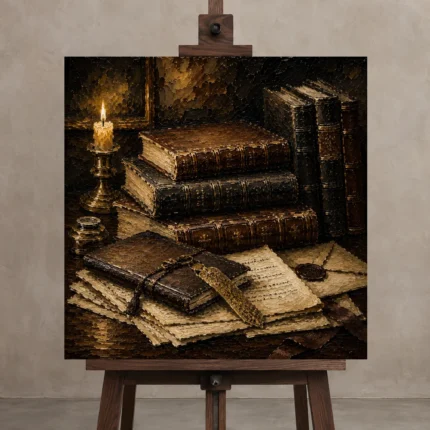Gilded Bookmark Antique Book Wall Art Canvas Print shown in Studio Easel