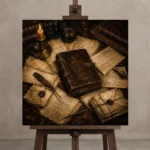 Locked Journal Antique Book Wall Art Canvas Print displayed on a studio easel