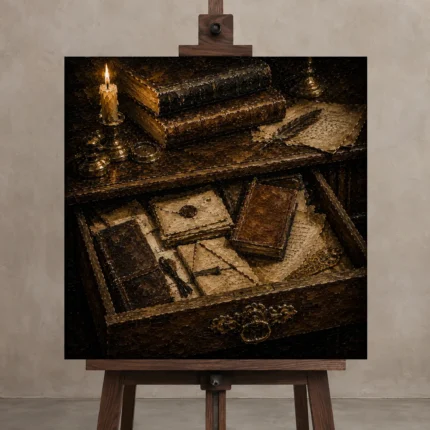Secret Drawer Antique Book Wall Art Canvas Print displayed on a studio easel