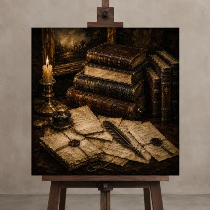 Sealed Archive Antique Book Wall Art Canvas Print displayed on a studio easel